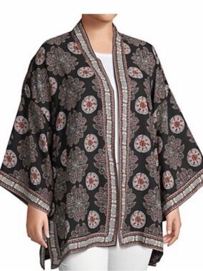 Max Studio Black Printed Kimono Robe with Ivory and  Rusty pink Accents - 1X